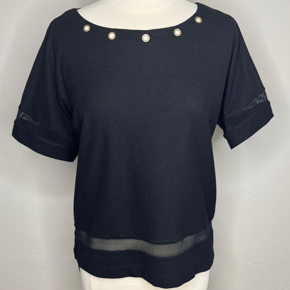 Jones New York Short-Sleeve Knit Top with Grommet Neckline and Mesh Detail